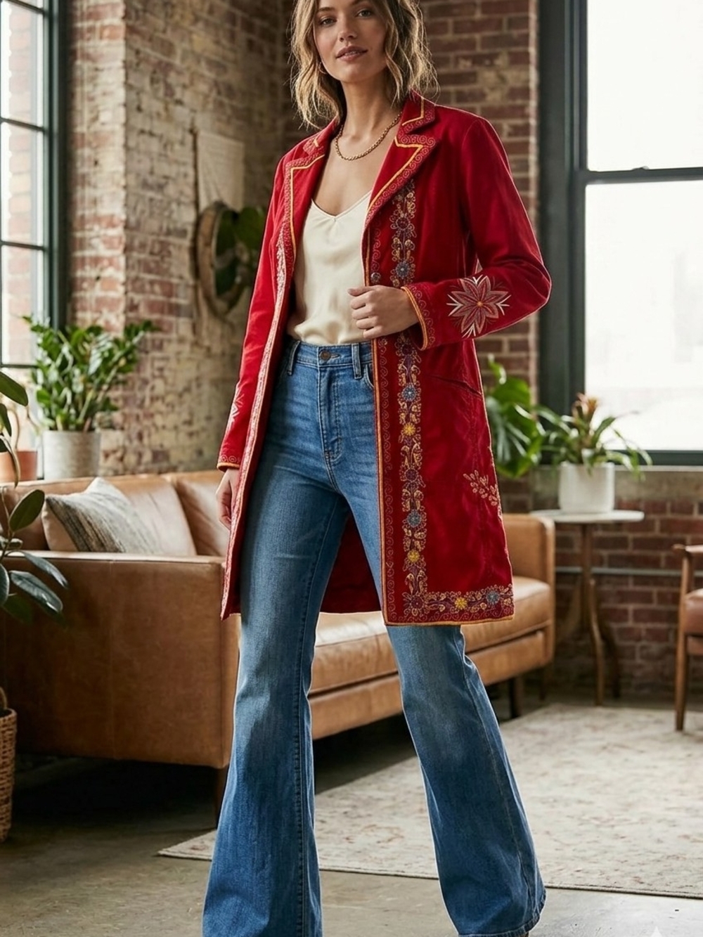 Johnny Was Red Embroidered Long Coat